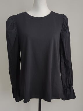 Pleione Black Long Puff Sleeve Ruffled Cuff Sweatshirt Top